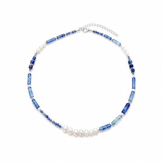 "Azure Reflection" Blue Kyanite Pearl Beads Necklace