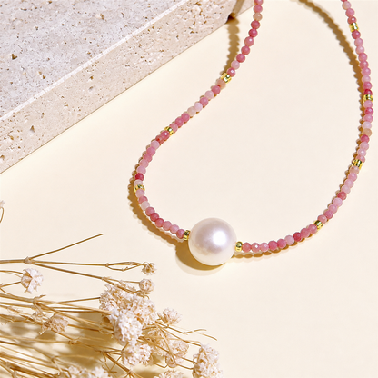 Pink Gemstone Beaded Freshwater Pearl Choker Necklace