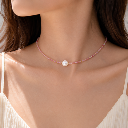 Pink Gemstone Beaded Freshwater Pearl Choker Necklace