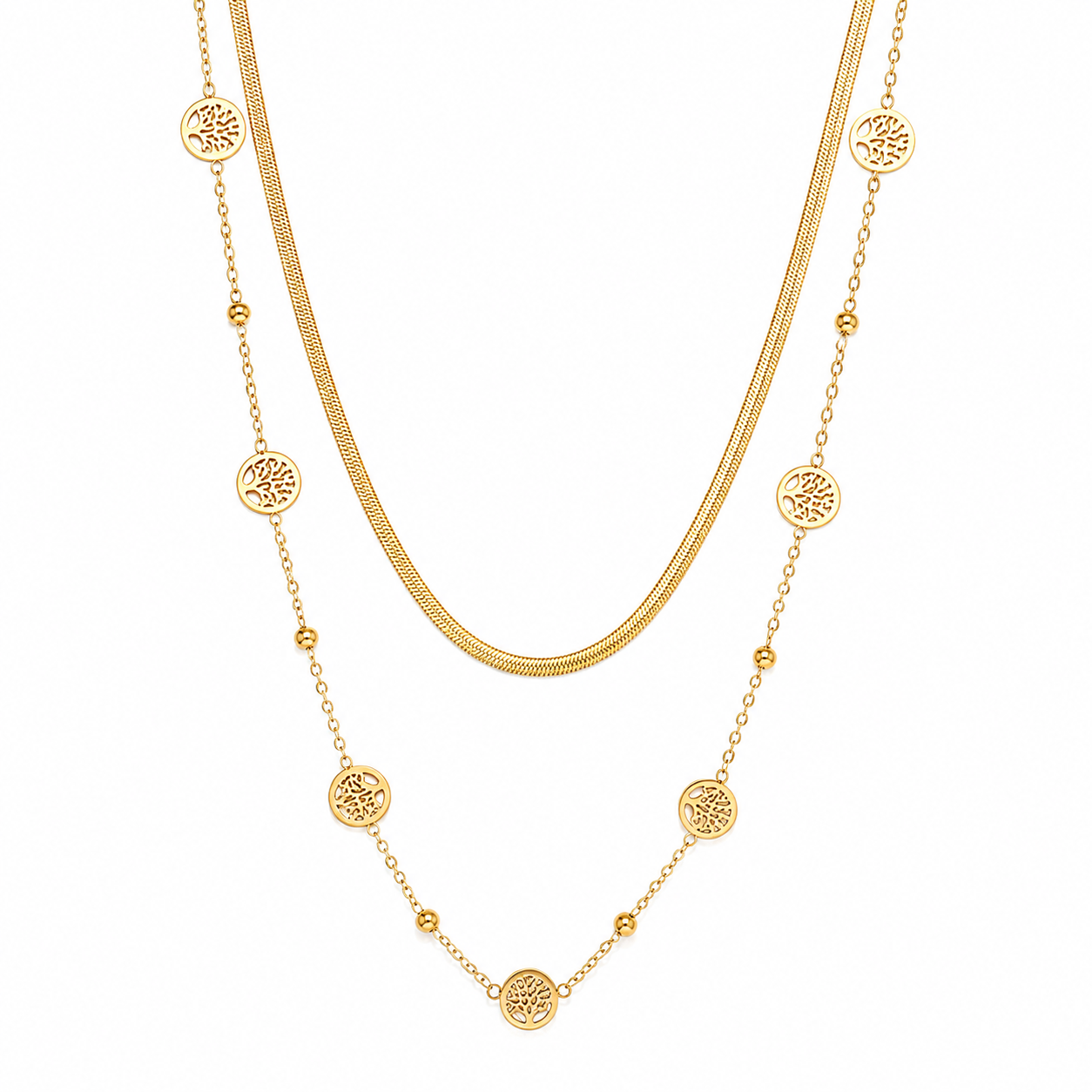 Tree of Life Layered Gold Necklace – Double Layer Herringbone Pendant Necklace