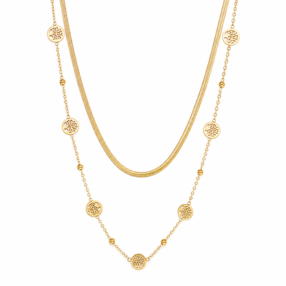 Tree of Life Layered Gold Necklace – Double Layer Herringbone Pendant Necklace