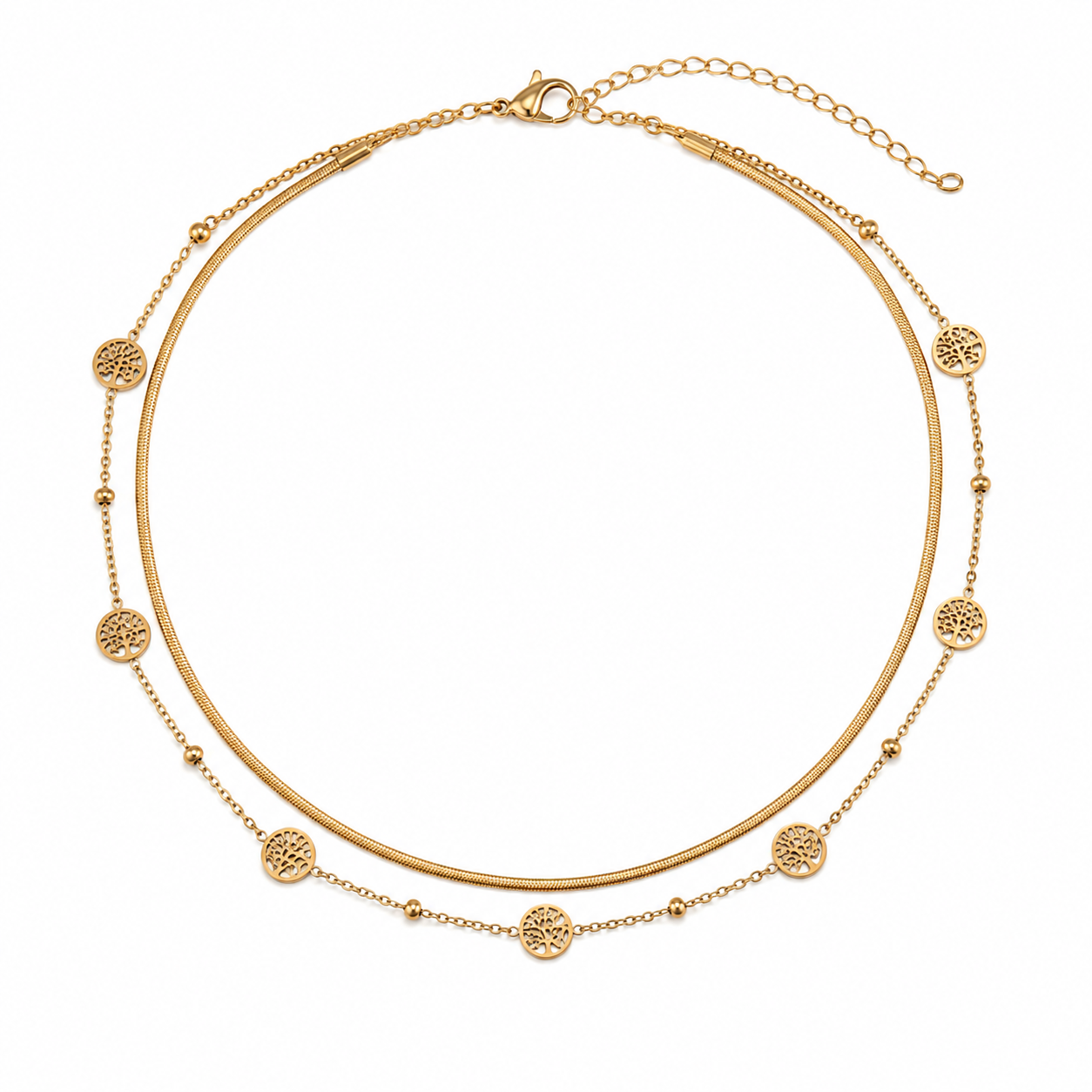 Tree of Life Layered Gold Necklace – Double Layer Herringbone Pendant Necklace
