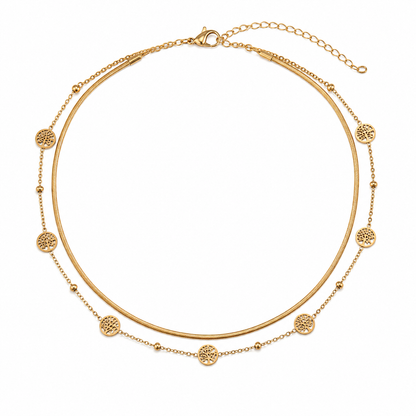 Tree of Life Layered Gold Necklace – Double Layer Herringbone Pendant Necklace