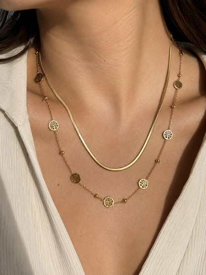 Tree of Life Layered Gold Necklace – Double Layer Herringbone Pendant Necklace