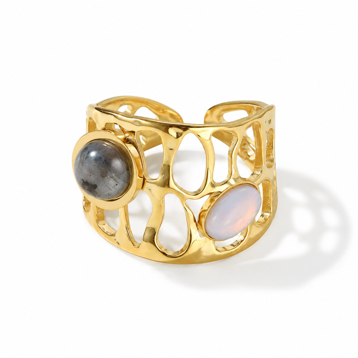 Aurora Organic Openwork 3-piece Jewelry Set – Gold Earrings, Ring & Cuff Bracelet
