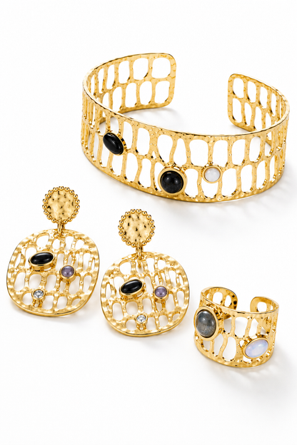 Aurora Organic Openwork 3-piece Jewelry Set – Gold Earrings, Ring & Cuff Bracelet