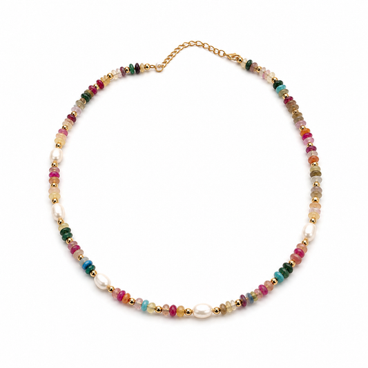 Rainbow Tourmaline + Freshwater Pearl Beaded Necklace