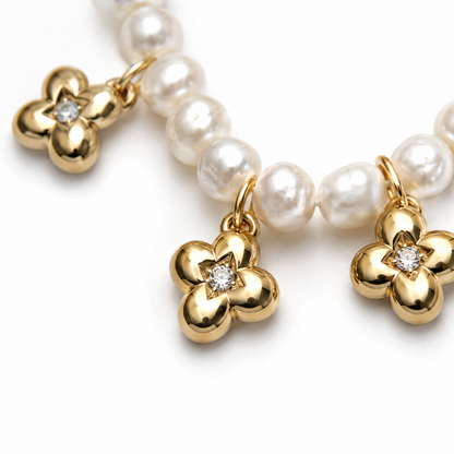 Natural Freshwater Pearl Choker Necklace with 3 Gold Floral Charms
