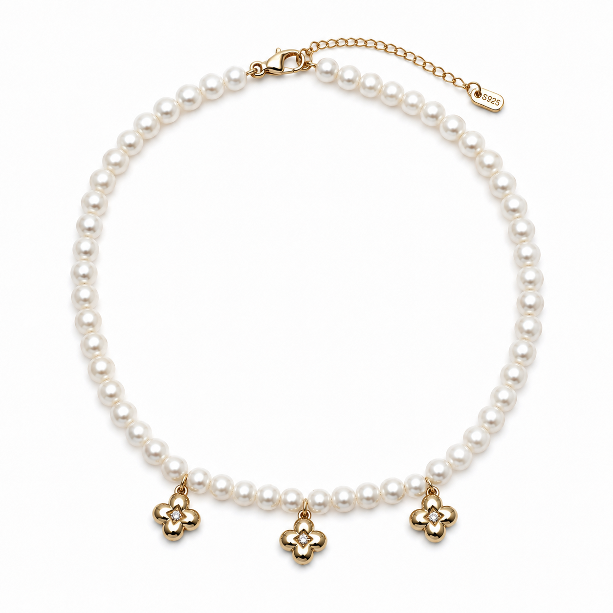Natural Freshwater Pearl Choker Necklace with 3 Gold Floral Charms