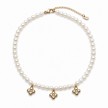 Natural Freshwater Pearl Choker Necklace with 3 Gold Floral Charms