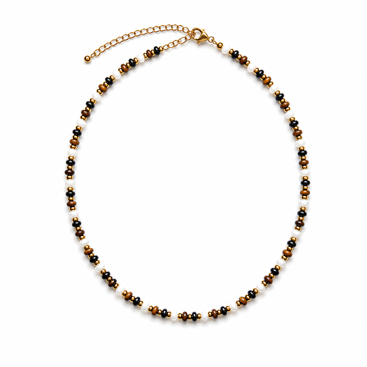 Terra Harmony Beaded Necklace – Tiger Eye & Pearl Gold Layering Necklace
