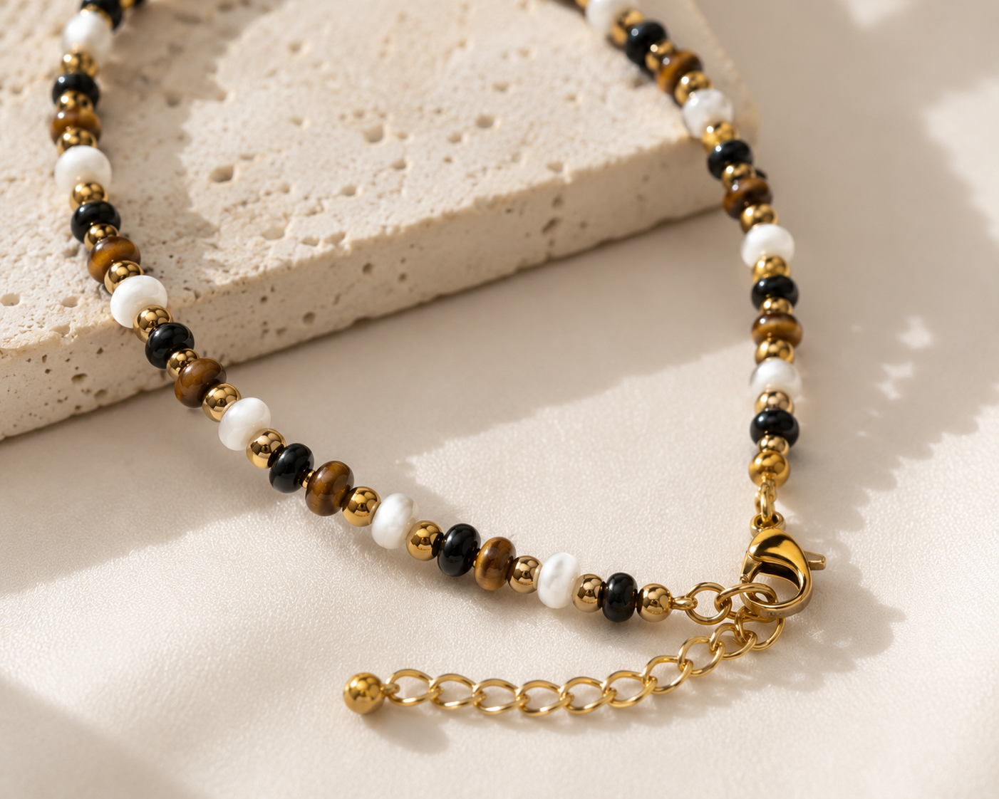 Terra Harmony Beaded Necklace – Tiger Eye & Pearl Gold Layering Necklace