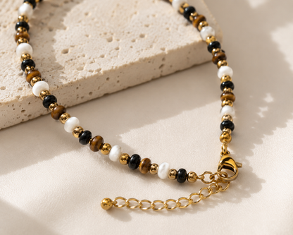Terra Harmony Beaded Necklace – Tiger Eye & Pearl Gold Layering Necklace