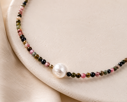 Aurora Freshwater Pearl Gemstone Necklace – Natural Tourmaline Beaded Necklac