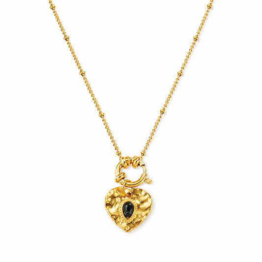Hammered Heart Pendant Necklace Gold Heart Necklace with Black Stone