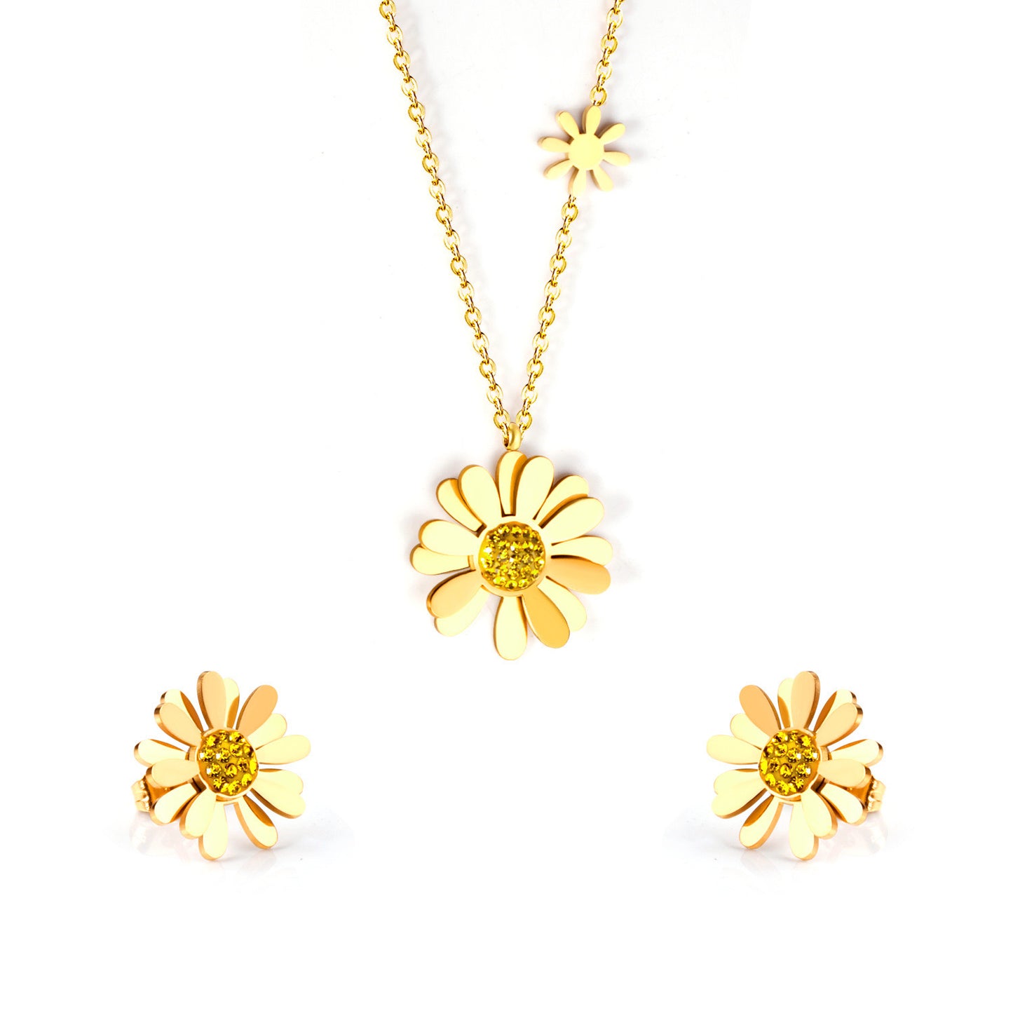 "Pristine Daisy" Flower Necklace and Earring Set, Gold Plated