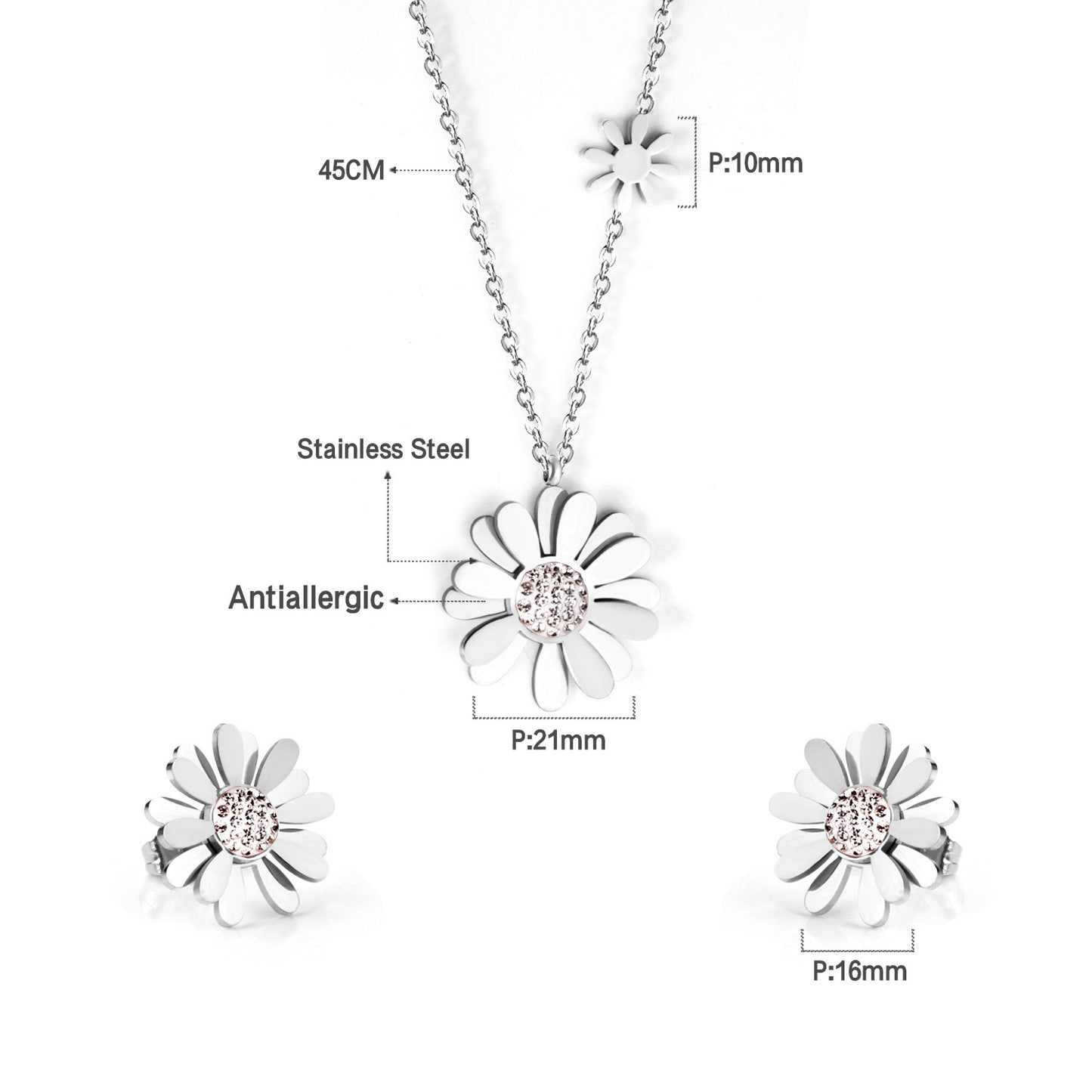 "Pristine Daisy" Flower Necklace and Earring Set, Gold Plated