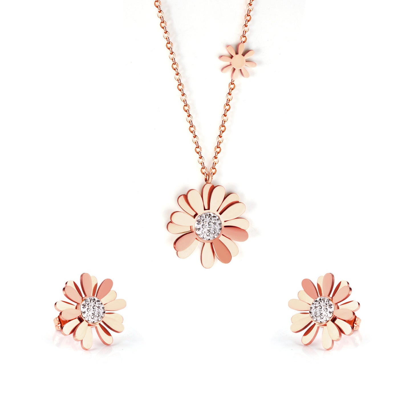 "Pristine Daisy" Flower Necklace and Earring Set, Gold Plated