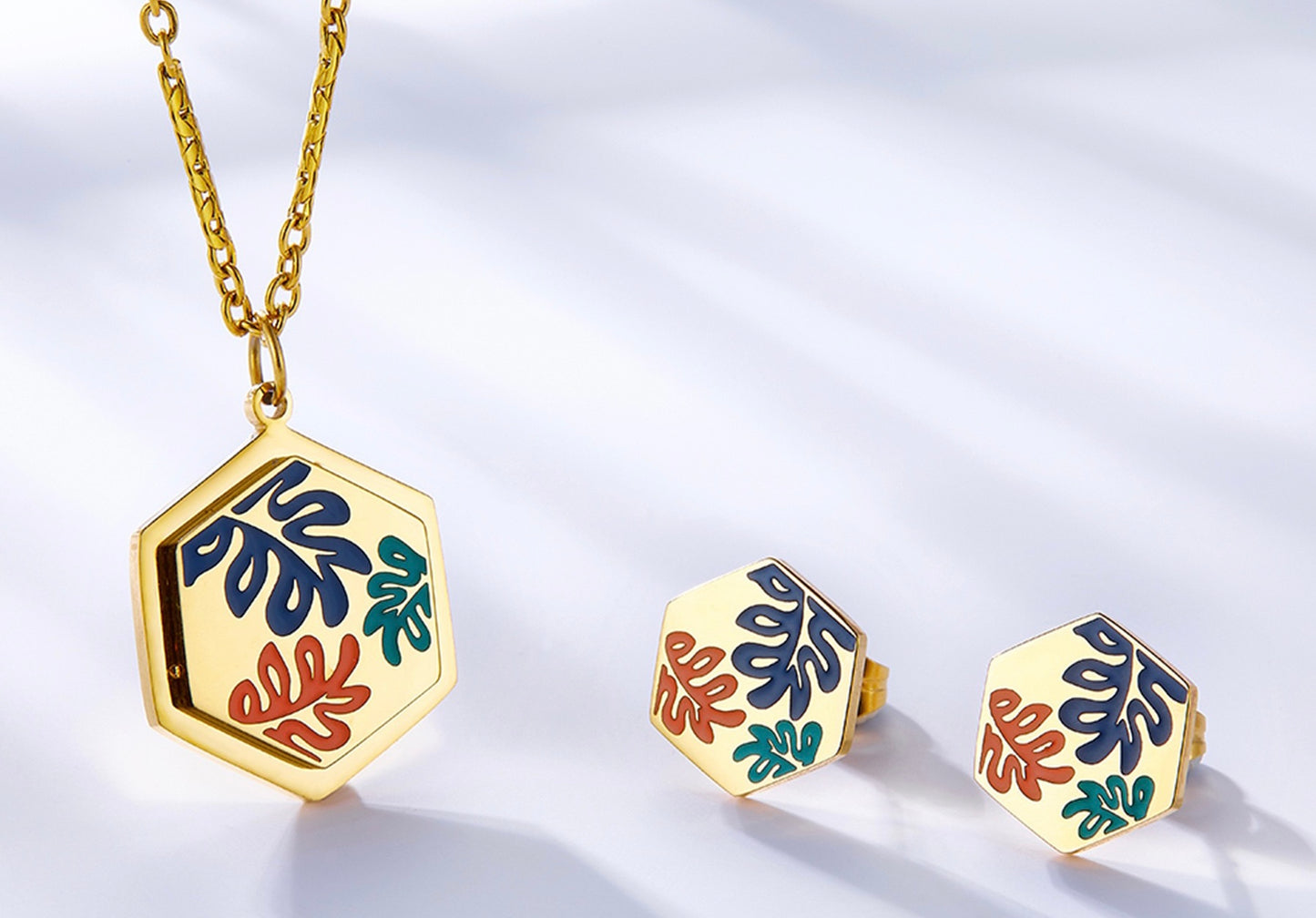Golden Canvas Hexagon Necklace and Earring Set