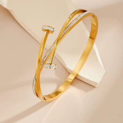 Twisted Nail Gold Bangle Bracelet Cubic Zirconia Cuff