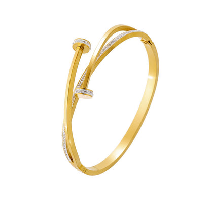 Twisted Nail Gold Bangle Bracelet Cubic Zirconia Cuff