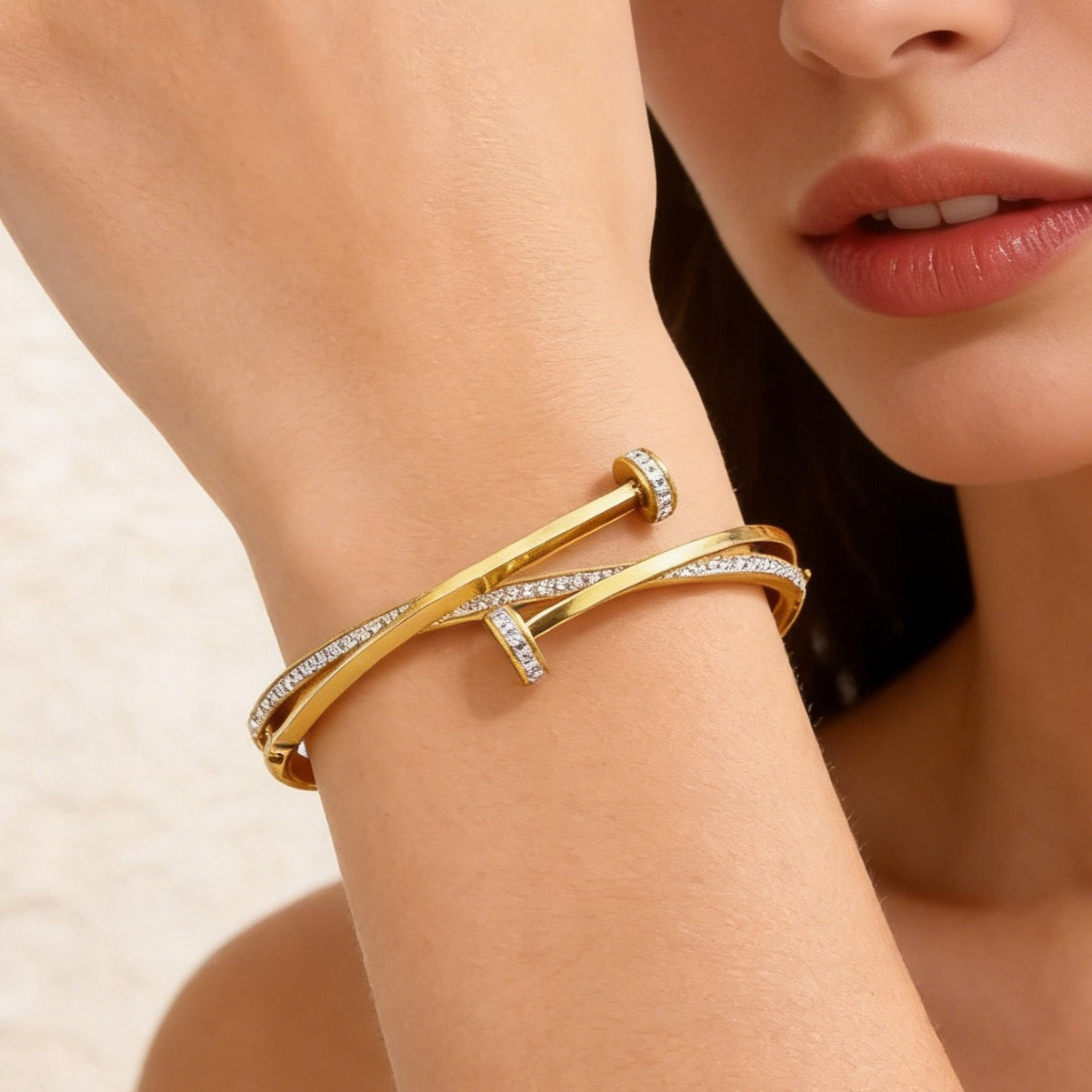 Twisted Nail Gold Bangle Bracelet Cubic Zirconia Cuff