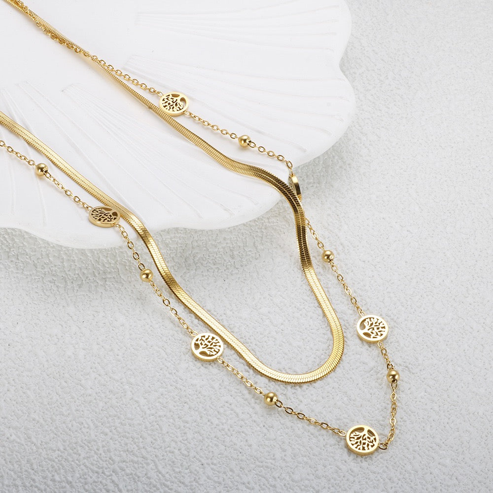 Tree of Life Layered Gold Necklace – Double Layer Herringbone Pendant Necklace