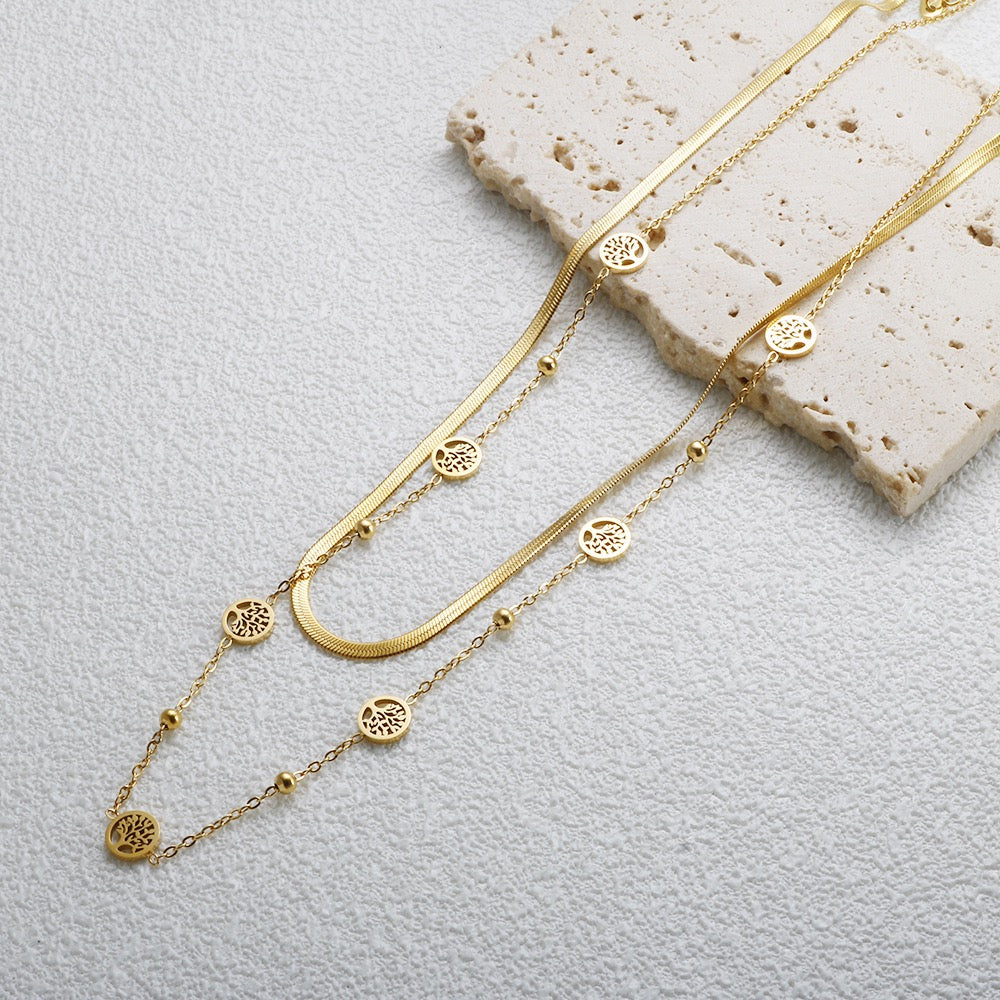 Tree of Life Layered Gold Necklace – Double Layer Herringbone Pendant Necklace