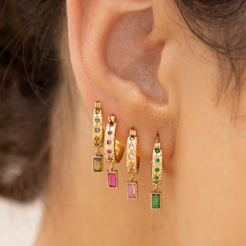 Emerald Cut Dangle Huggie Earrings Sterling Silver