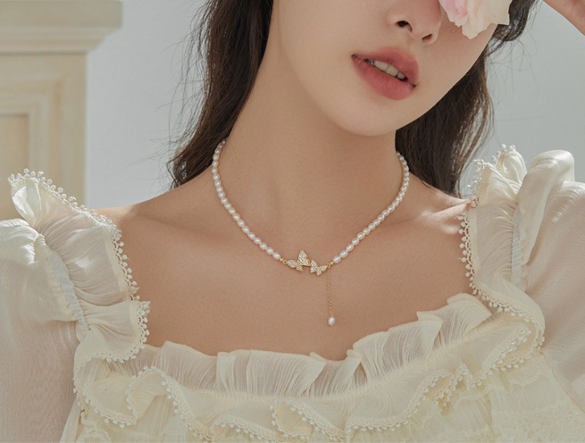 Radiant Butterfly Harmony Pearl Necklace with Pearl Droplet