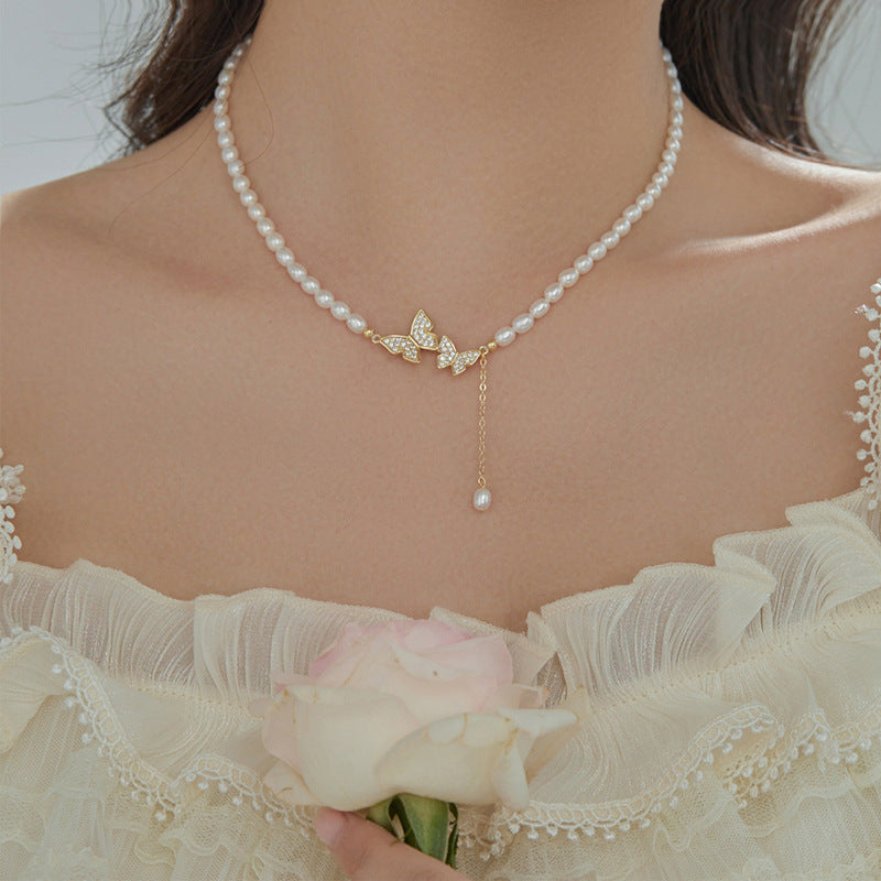 Radiant Butterfly Harmony Pearl Necklace with Pearl Droplet