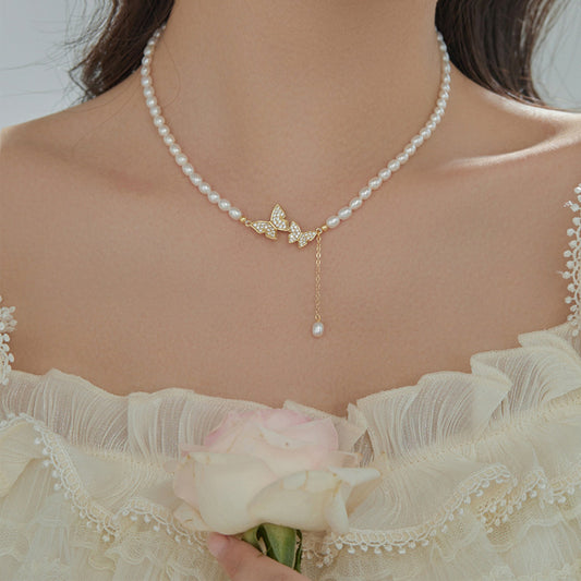 Radiant Butterfly Harmony Pearl Necklace with Pearl Droplet
